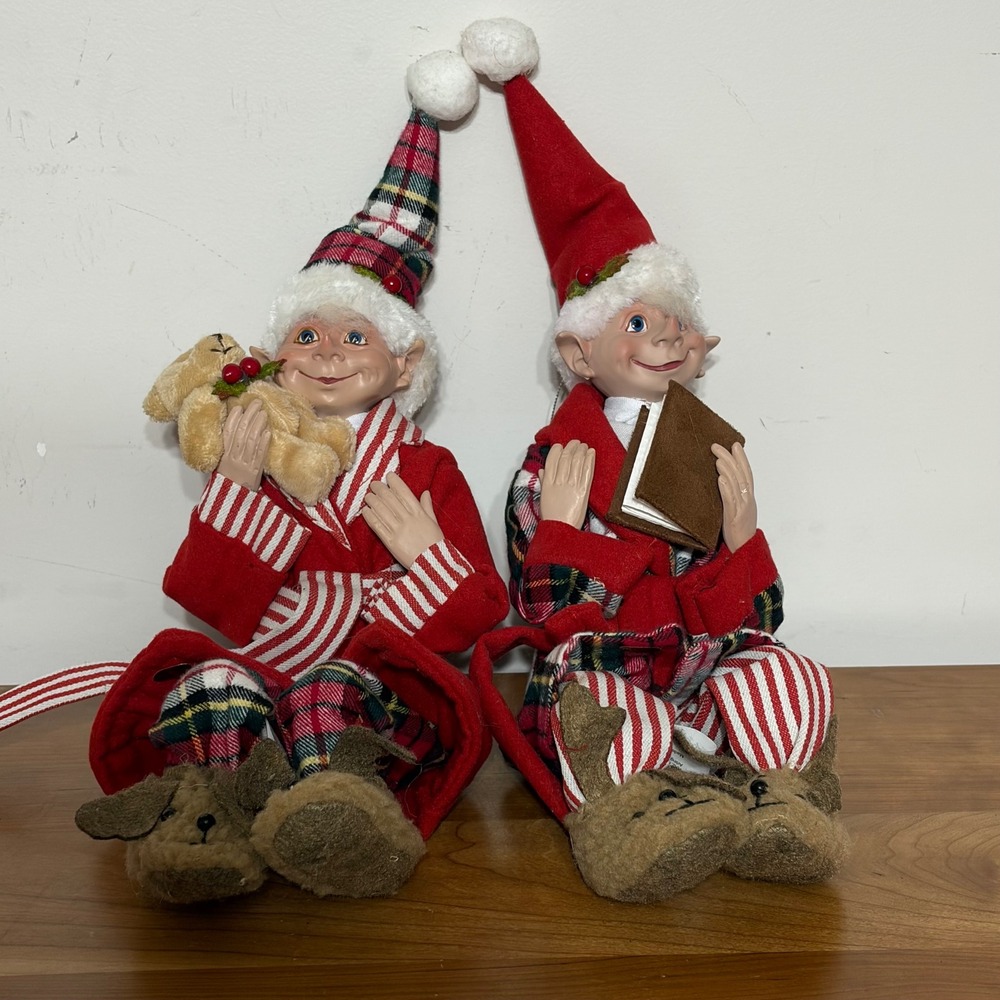 Raz Imports Christmas Elf Shelf Sitter Set Red Plaid Pajamas Moose Slippers NWT
